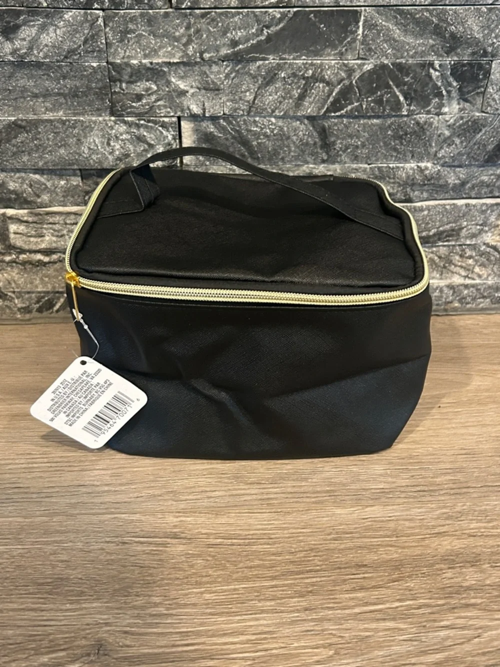 NWT Sassy + Chic Large Black Cosmetic Zip Bag with Gold Trim